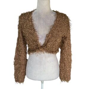 RARE Lianne Barnes Vintage Tan Fuzzy Feathery Tie Front Crop Cardigan Bolero XS